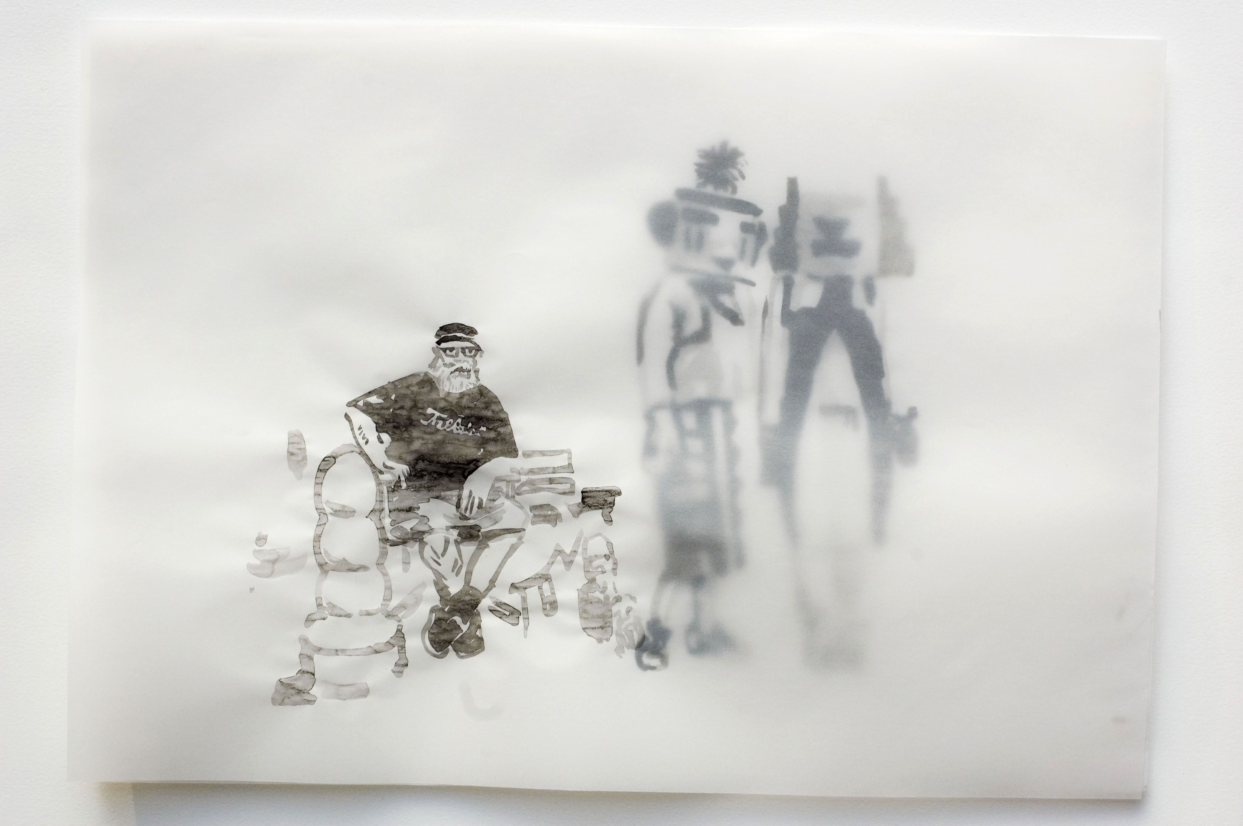 Cony Theis, Küntslerkosmos, 2005 - 2007, Raimond (Pettibon, Sophie Taeuber-Arp), chinesische Tusche, Öl, Transparentpapier.29,7 x 42cm