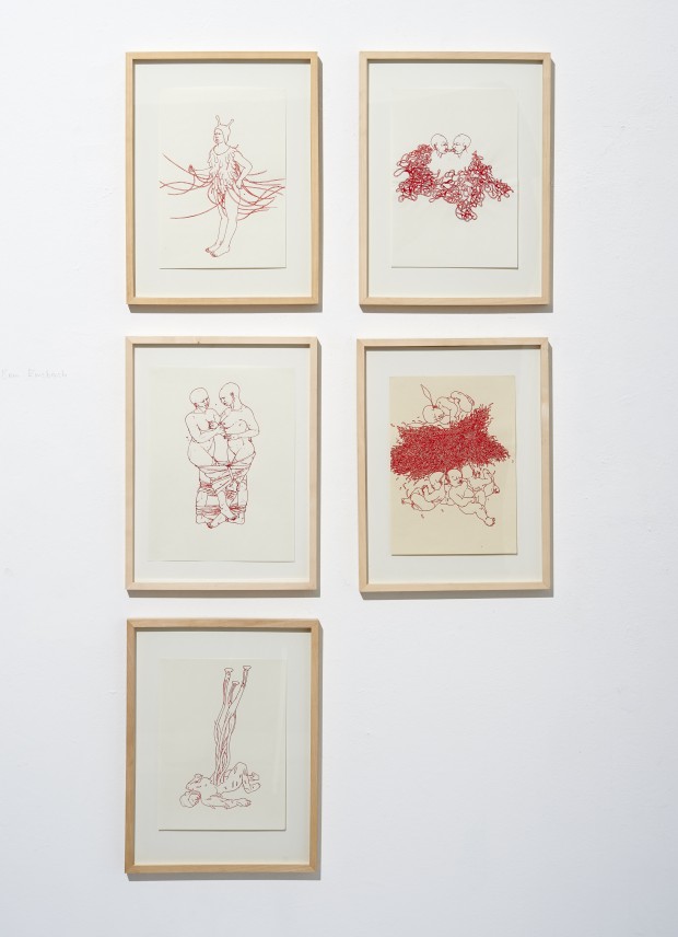 Bea Emsbach, Zeichnungen Kolbenfüller, rote Tinte, 21 x 30 cm, Serie Beutzüge im Bodensatz der Wissenschaften, 1998-2008