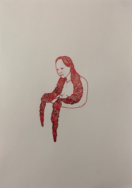Bea Emsbach, Haar, 2002, Kolbenfüller_Rote Tinte auf Papier, 21x30 cm