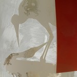 Jörg Länger, Kranichkuss (Detail), 2010, Keramikfarben, mundgeblasene Antikgläser und Sandstrahlung auf ESG-Glas, 160 x 60 cm, Edelstahlsockel 