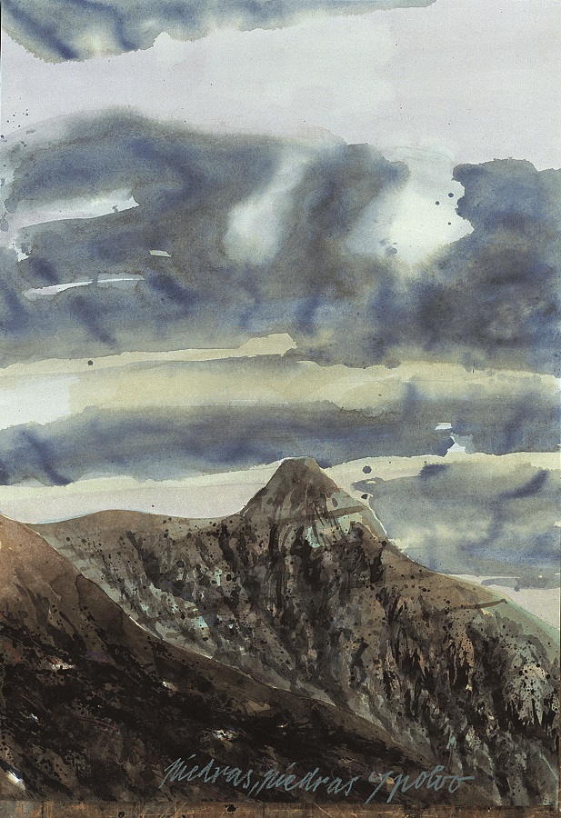 Peter Wehr, Steine, Steine und Staub, Pico de la Fortaleza, 1999, Wasserfarben und Kreide auf Papier, 100x70 cm