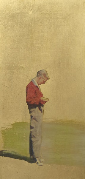 Thomas Kälberloh, aus der Serie Ikonen (Spielender Junge), 2017, Mixed Media / Aludibond, 50 x 24 cm