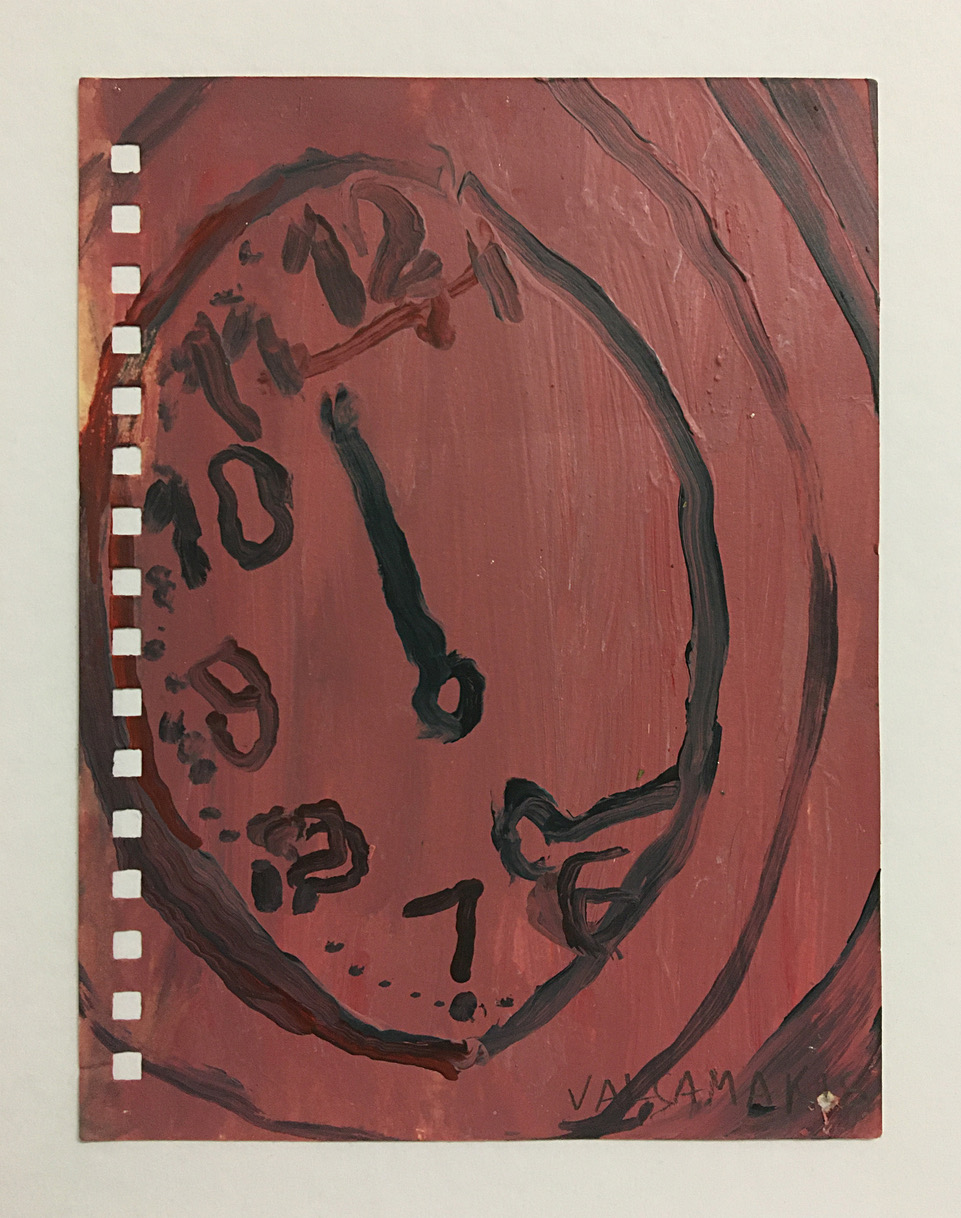 Nikos Valsamakis, Uhrwerk 2, 2018, Öl auf Papier, 10,5 x 14,5 cm_476€