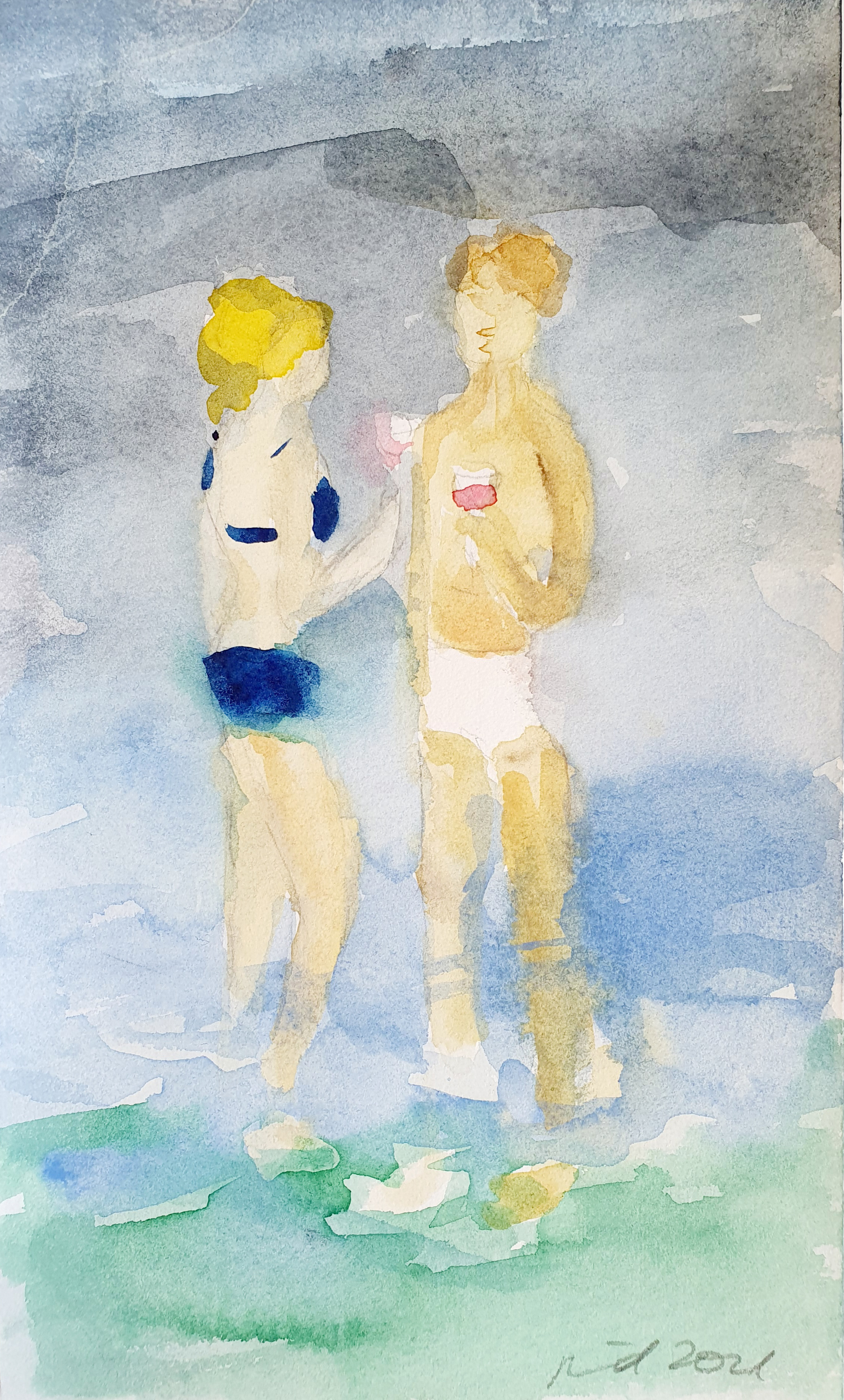 Barbara Petzold, Die Wasserparty, 26x15,5cm, Aquarell, 2021