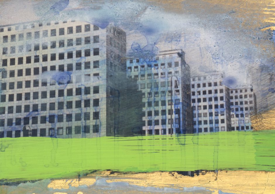 Thomas Kälberloh, City Hochhäuser 3, 2020, Mixed Media auf Print, Aludibond, 20,5 x 29,5 cm