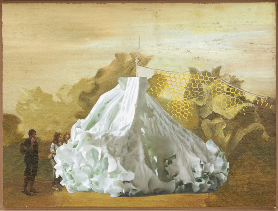 Ivan Kostolov, o.T., 2021, Öl auf Sperrholz, Collage, 30 x 40 cm