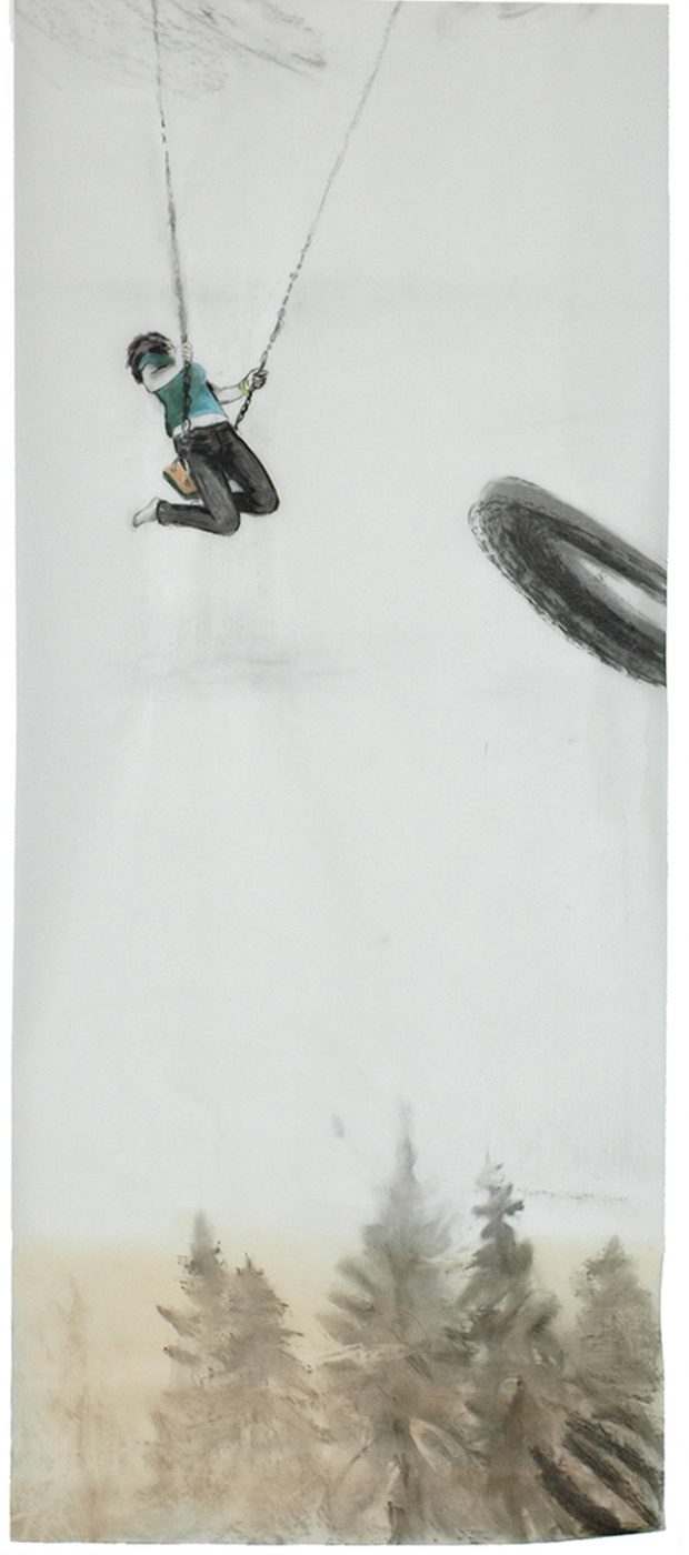 Cony Theis, Schaukel, 2009, Chin. Tinte, Öl auf Transparentpapier, 273 x 110cm