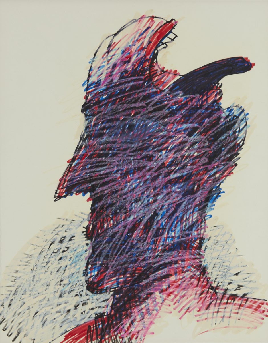 ausfällig, 1996, Filzstift, Kreide auf Papier, 65 x 53 cm