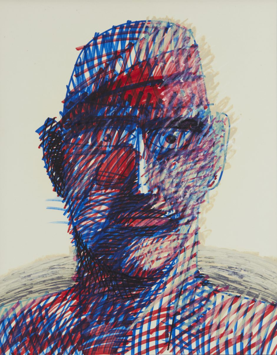 mundtot, 1996, Filzstift, Kreide auf Papier, 65 x 53 cm