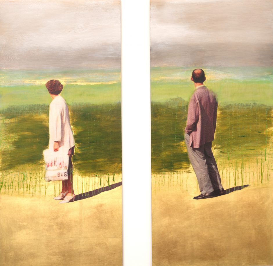 Thomas Kälberloh, Apfeltasche A(dam) & E(va), 2024, Mixed Media auf Print, Aludibond, 2-teilig, je 105 x 48 cm