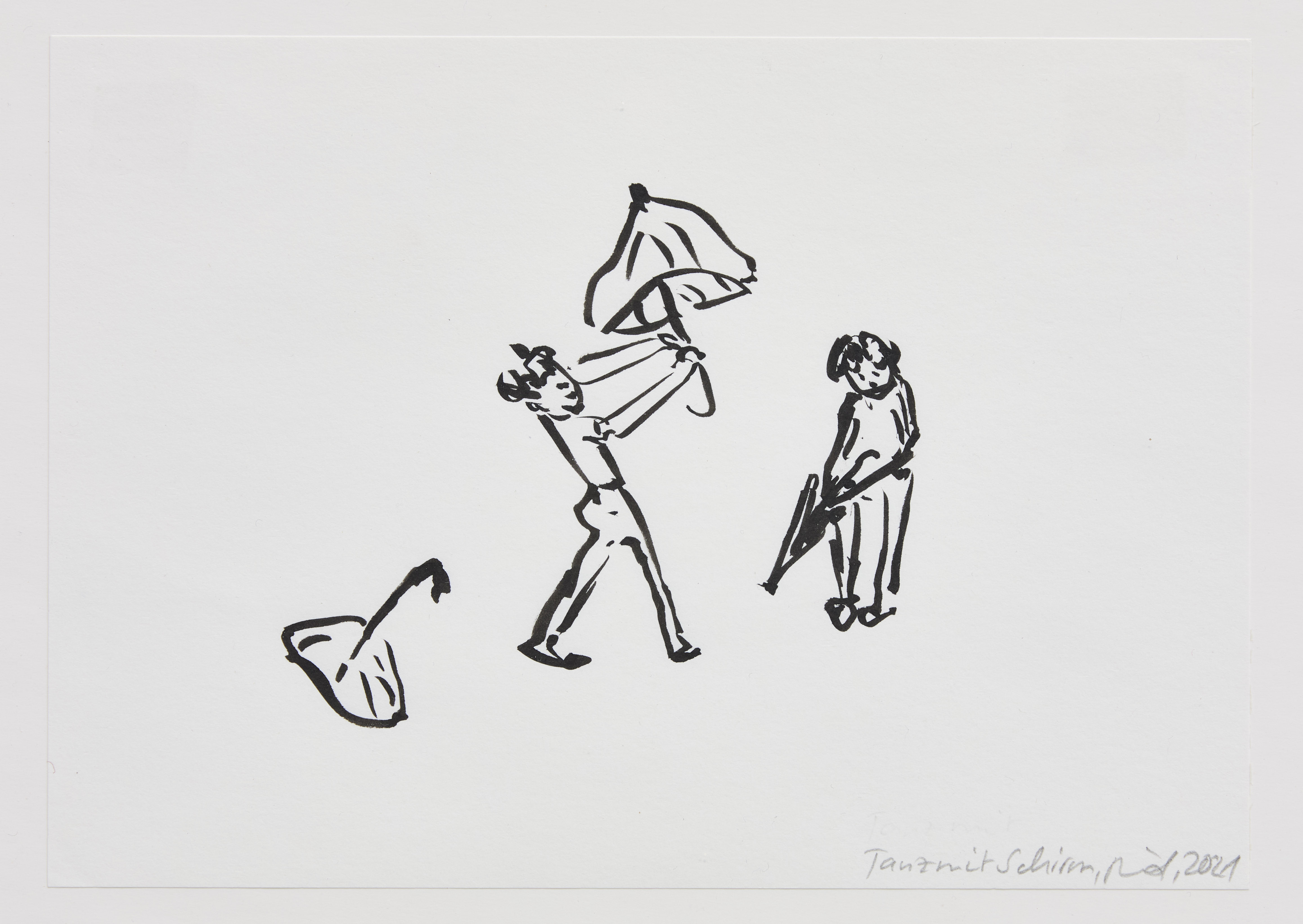 Barbara Petzold, Tanz mit Schirm, 2021, Tusche auf Papier, 15 x 21 ,5 cm