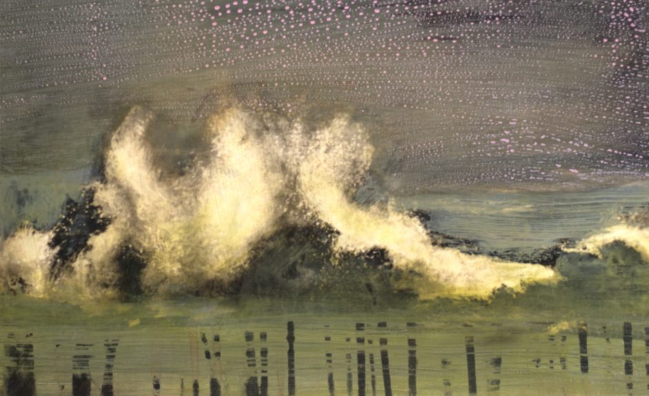 Thomas Kälberloh, Gitter Welle - Sylt, 2025, Mixed Media auf Print, 24,5 x 40 cm  